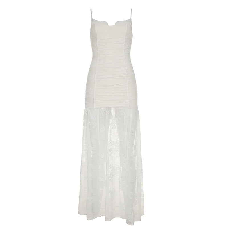 Ruched Sweetheart Lace Panel High Slit Maxi Dress
