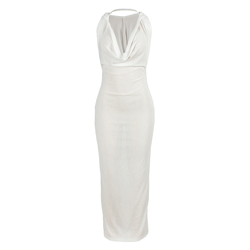 Sheer Mesh Halter Cowl Neck Bodycon Maxi Dress