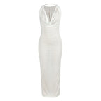 Sheer Mesh Halter Cowl Neck Bodycon Maxi Dress