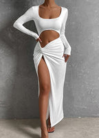 Scoop Neck Long Sleeve Midriff Cutout Twist Front High Slit Maxi Dress