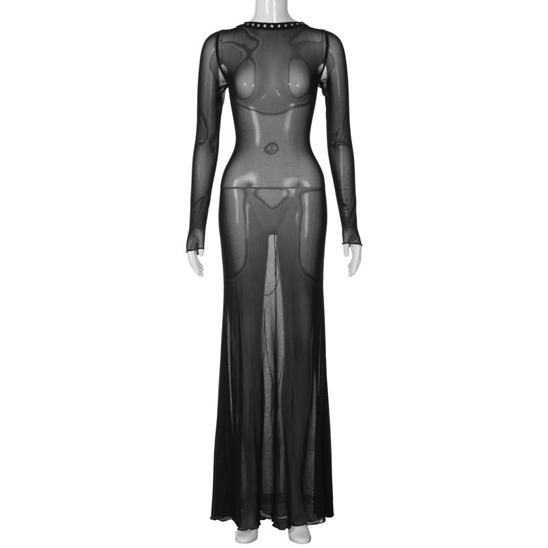 Mesh Long Sleeve Lace Up Open Back Maxi Dress