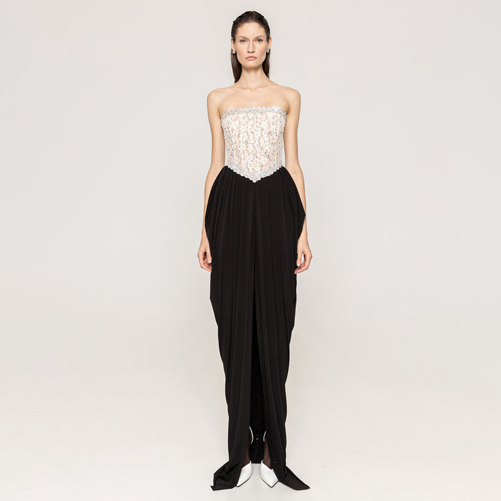 Lace Embellished Strapless Corset Basque Waist High Split Maxi Gown