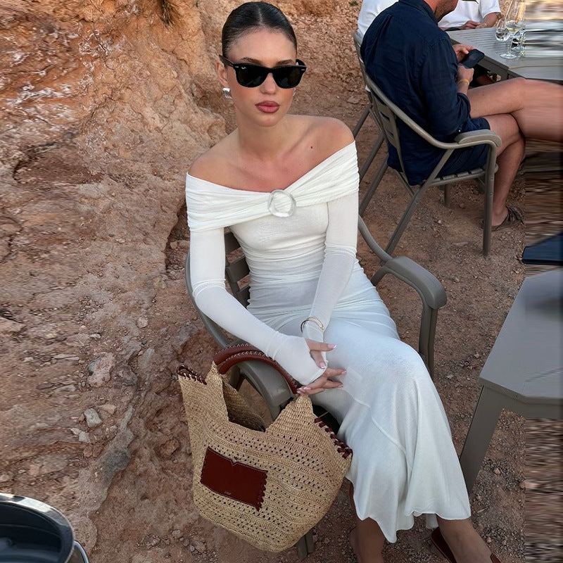 Tube Top Off Neck Back Slit Solid Color Mid Length Dress