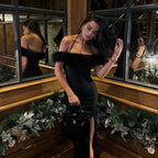 Halter neck fur sleeveless elegant slit dress