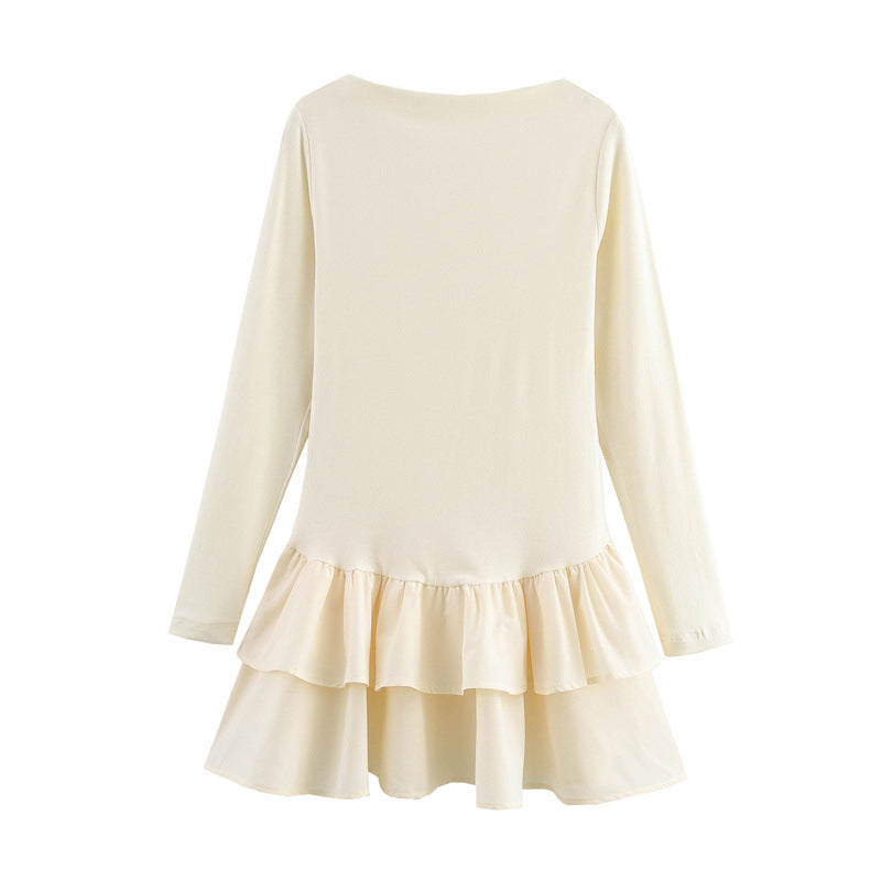 Rib Knit Bell Cuff Ruffle Hem Long Sleeve Mini Dress