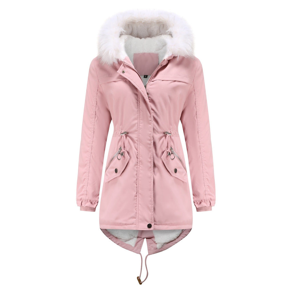 Mid-Length Fleece Lined Coat with Fur Collar