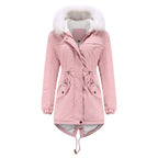 Mid-Length Fleece Lined Coat with Fur Collar