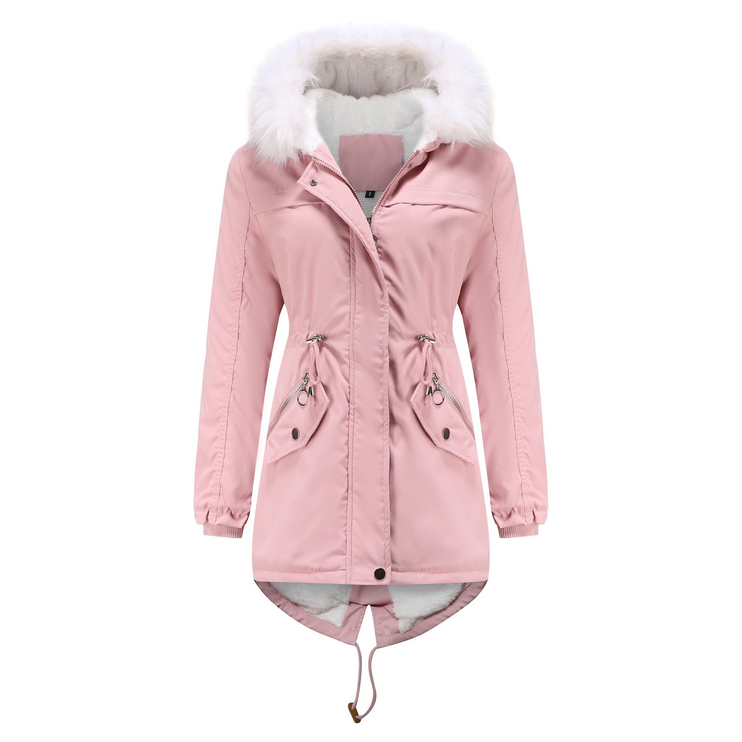 Mid-Length Fleece Lined Coat with Fur Collar