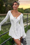 Ruffle Trim Deep V-Neck Tie Front Long Sleeve Tiered Asymmetric Hem Mini Dress