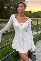 Ruffle Trim Deep V-Neck Tie Front Long Sleeve Tiered Asymmetric Hem Mini Dress