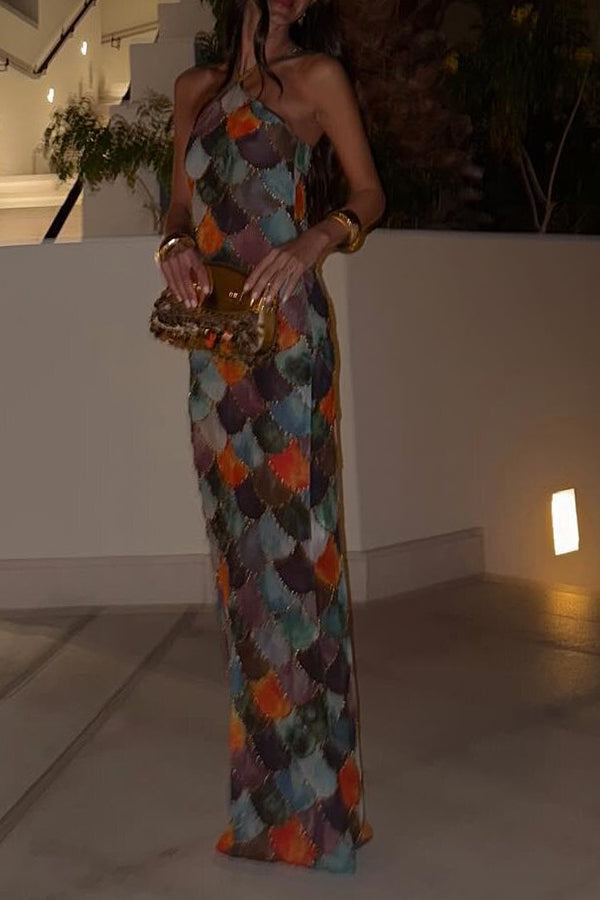 Little Mermaid Colorful Scales Print Halter Maxi Dress