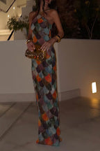 Little Mermaid Colorful Scales Print Halter Maxi Dress