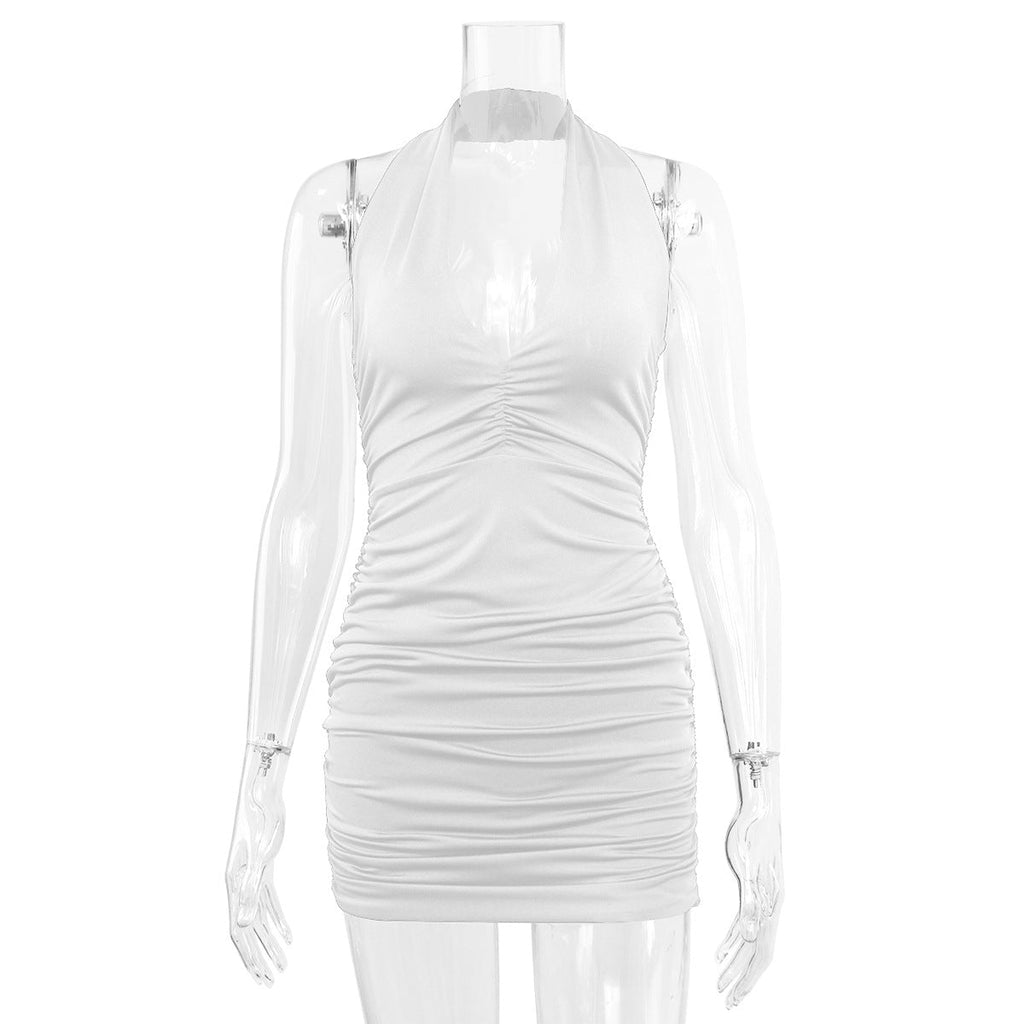 Halter Neck Plunging V-Neck Ruched Bodycon Mini Dress