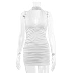 Halter Neck Plunging V-Neck Ruched Bodycon Mini Dress