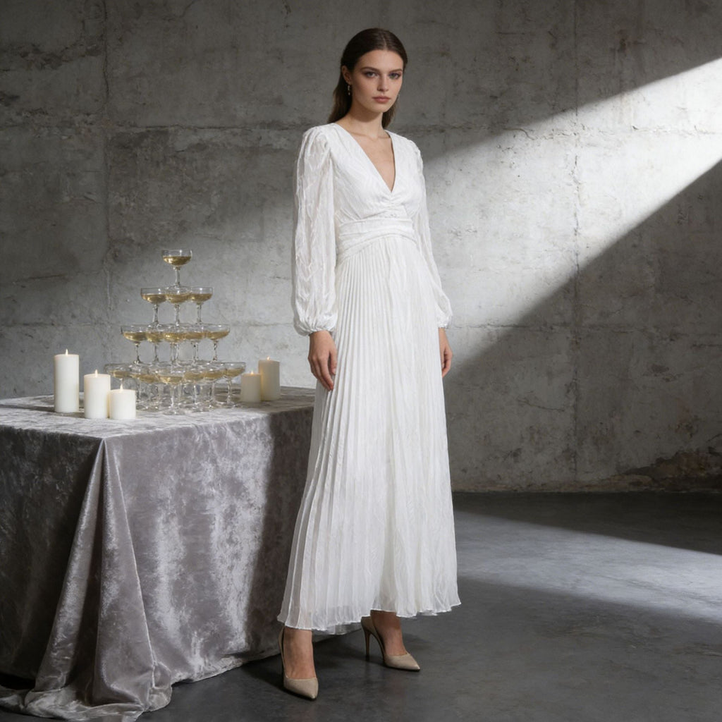 Deep V-Neck Puff Sleeve Pleated Waist Plissé Maxi Dress