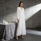 Deep V-Neck Puff Sleeve Pleated Waist Plissé Maxi Dress