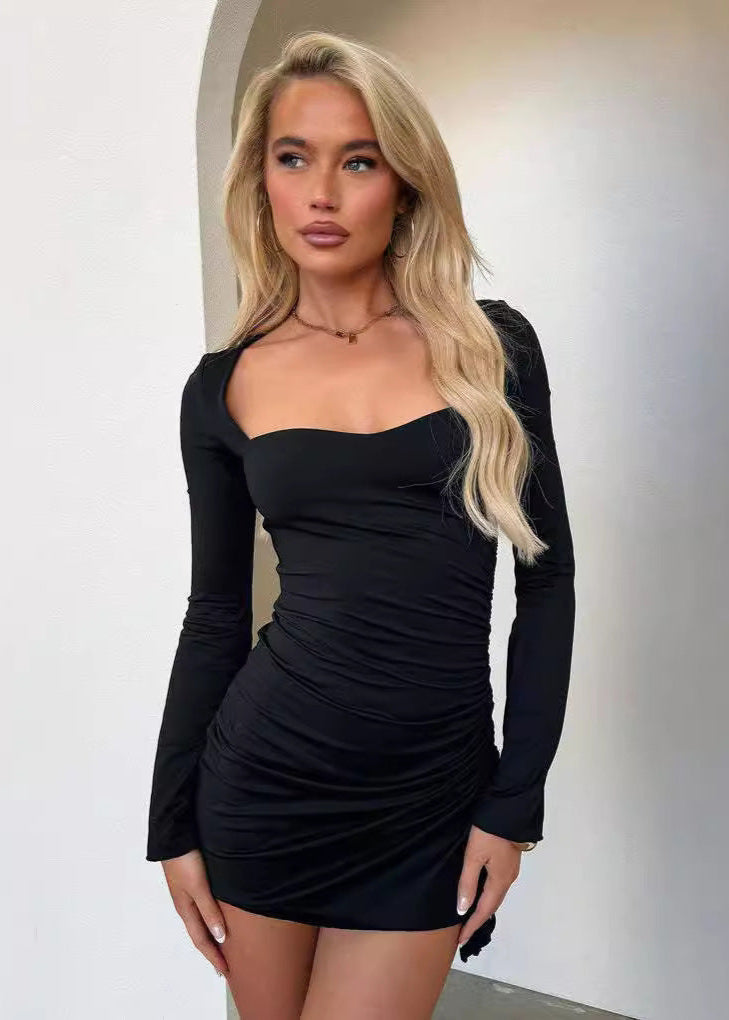 Sweetheart Long Sleeve Bell Cuff Ruched Side Gather Bodycon Mini Dress