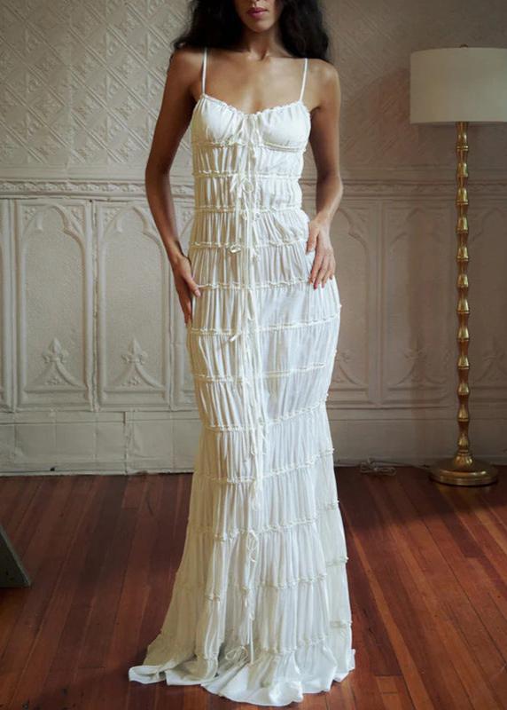 Spaghetti Strap Ruffle Trim Tiered Bow Front Maxi Dress