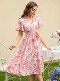 Zuleyka Chic Women's Floral Dress with V Neck and Tailored Tie Belt Silhouette Collection