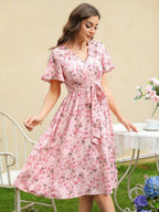 Zuleyka Chic Women's Floral Dress with V Neck and Tailored Tie Belt Silhouette Collection