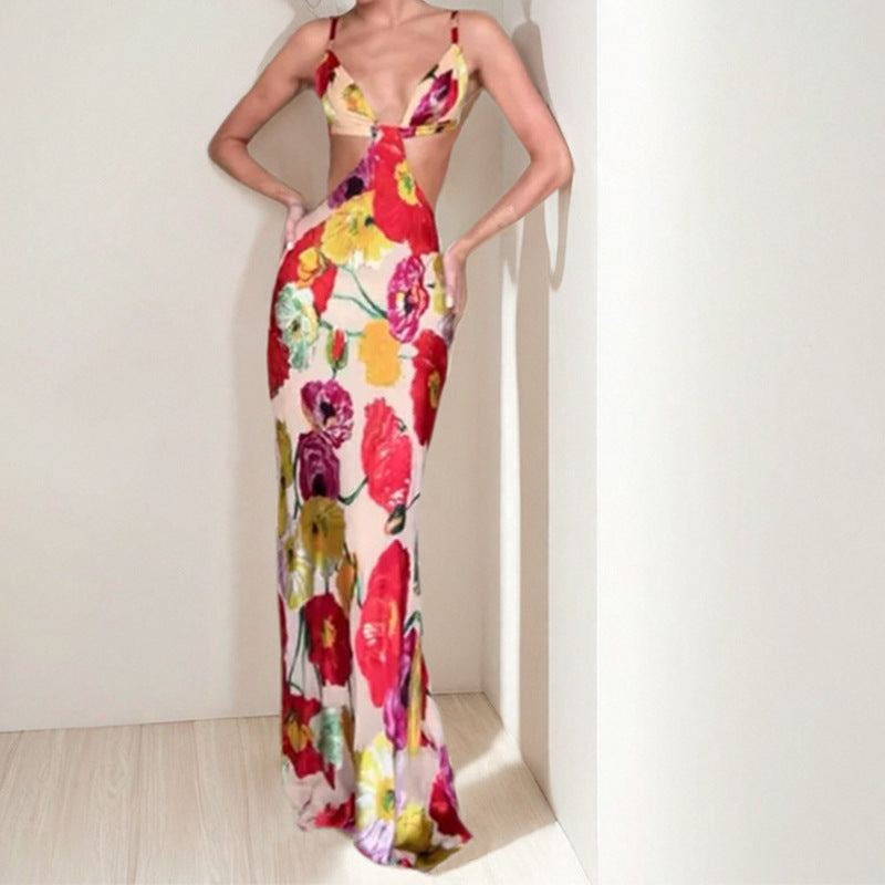 Hawaiian Dreams Satin Floral Print Cutout Backless Maxi Dress