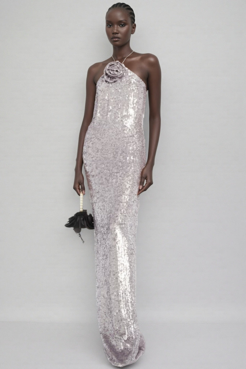 Soraya Silver Sequin 3D Floral Maxi Dress