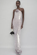 Soraya Silver Sequin 3D Floral Maxi Dress