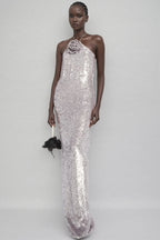 Soraya Silver Sequin 3D Floral Maxi Dress