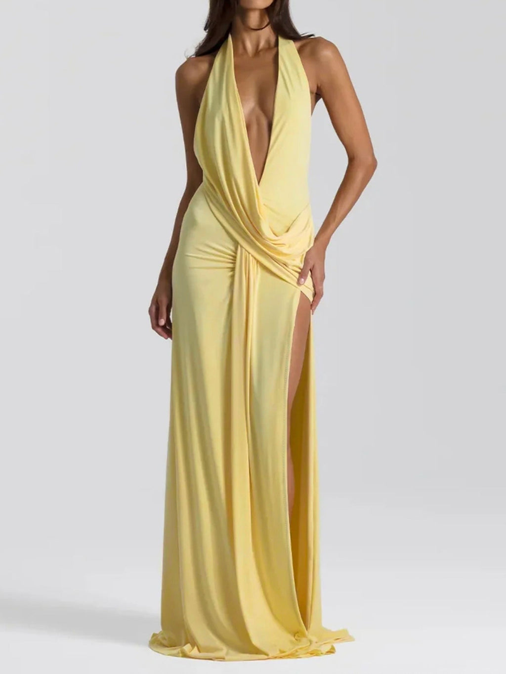 Halter Neck Deep V-Neck Draped Wrap Ruched High Split Maxi Dress