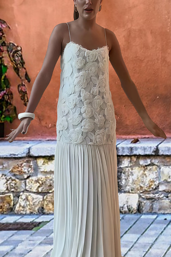 Indulge in Floral Applique Pleated Chiffon Hem Slip Maxi Dress