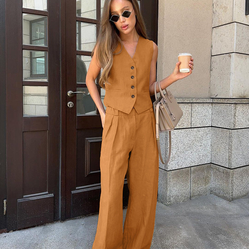 Solid Color Cotton Linen Casual Set