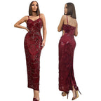 Sequin Beaded Strapless Slit Dress