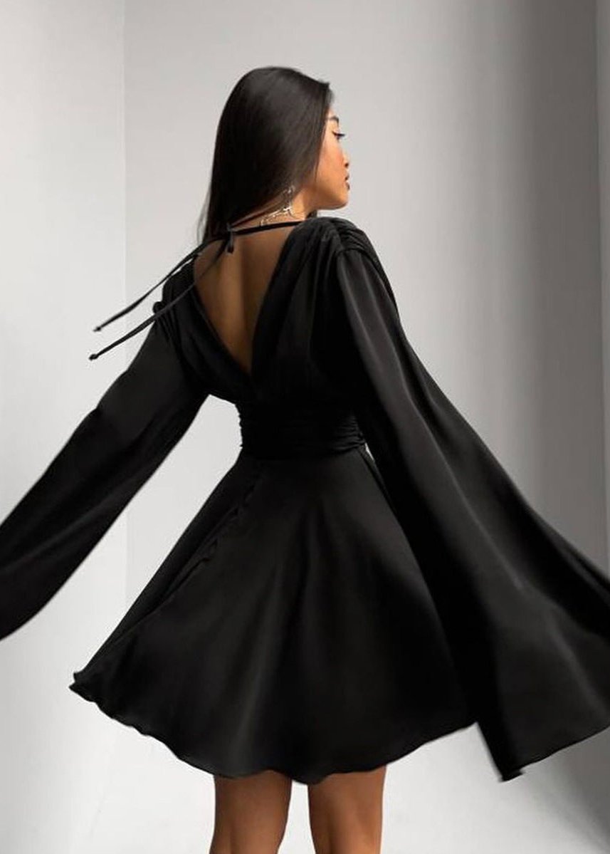 Satin Plunging V-Neck Bell Sleeve Pleated Bodice Mini Dress