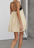 Contrast Band Spaghetti Strap Empire Waist Linen A-Line Mini Dress