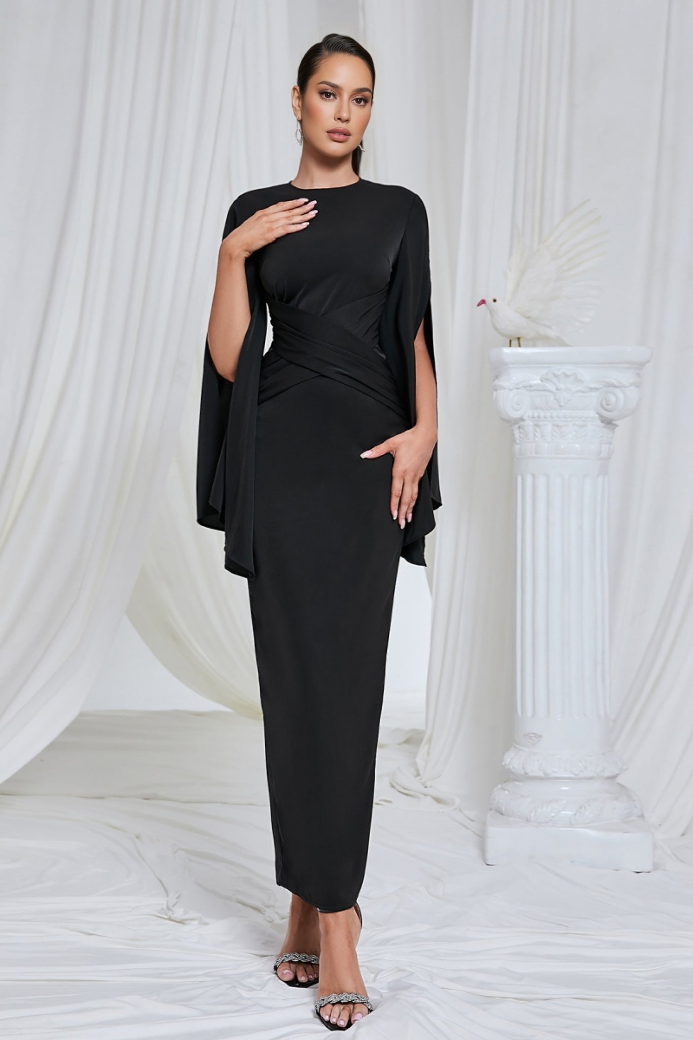Nali Solid Black Round Neck Maxi Dress