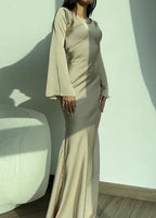Satin Crew Neck Bell Sleeve Column Maxi Dress