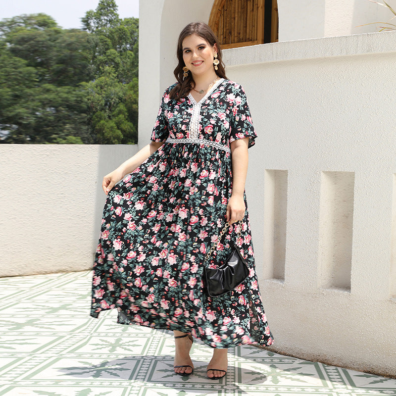 Plus Size V neck Printed Dress Day to Night