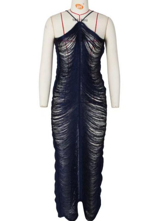 Halter Neck Fringe Texture Layered Hem Maxi Dress