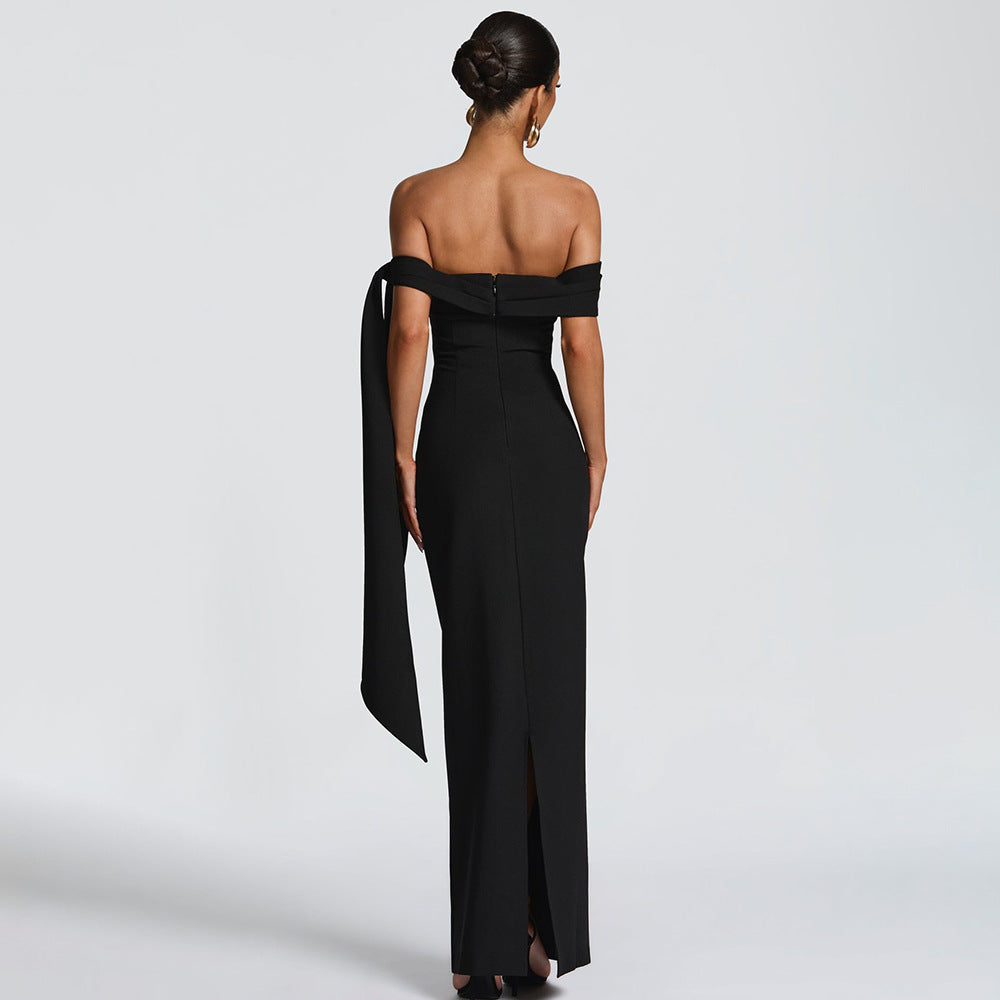 Strapless Ruched Off Shoulder Sash Detail Column Maxi Dress
