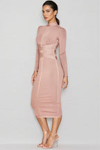 Layra Solid Colour Stand Collar Midi Dress-Brown