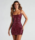 Sequin Square Neck Spaghetti Strap Jacquard Bodycon Mini Dress