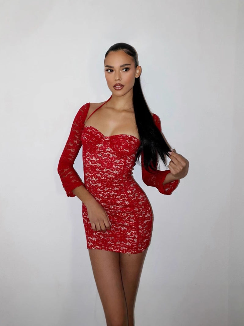 Lace Halter Sweetheart Underwire Cup Detached Sleeve Mini Dress