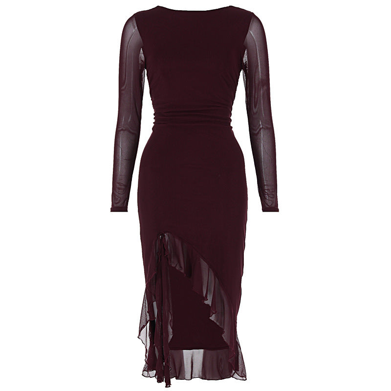 Mesh Ruched Long Sleeve Boat Neck Asymmetric Ruffle Hem Midi Dress