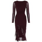 Mesh Ruched Long Sleeve Boat Neck Asymmetric Ruffle Hem Midi Dress