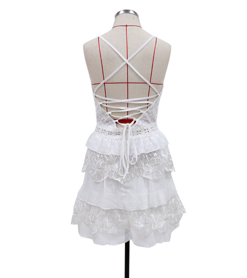 V-Neck Spaghetti Strap Eyelet Lace Tiered Ruffle Mini Dress