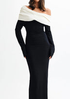 Off Shoulder Fold Over Collar Contrast Long Sleeve Bodycon Maxi Dress