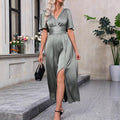 Satin Wrap V-Neck Flutter Sleeve Ruched Waist Slit Midi Dress