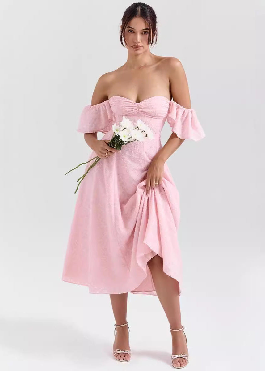 Floral Jacquard Flutter Sleeve Sweetheart Ruched Bodice A-Line Midi Dress