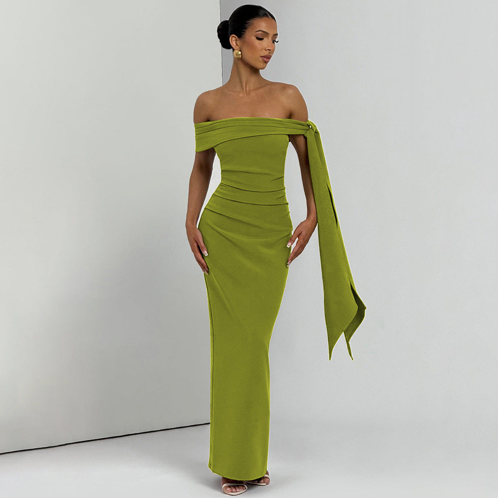 Strapless Ruched Off Shoulder Sash Detail Column Maxi Dress