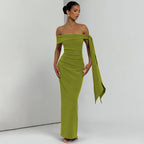 Strapless Ruched Off Shoulder Sash Detail Column Maxi Dress